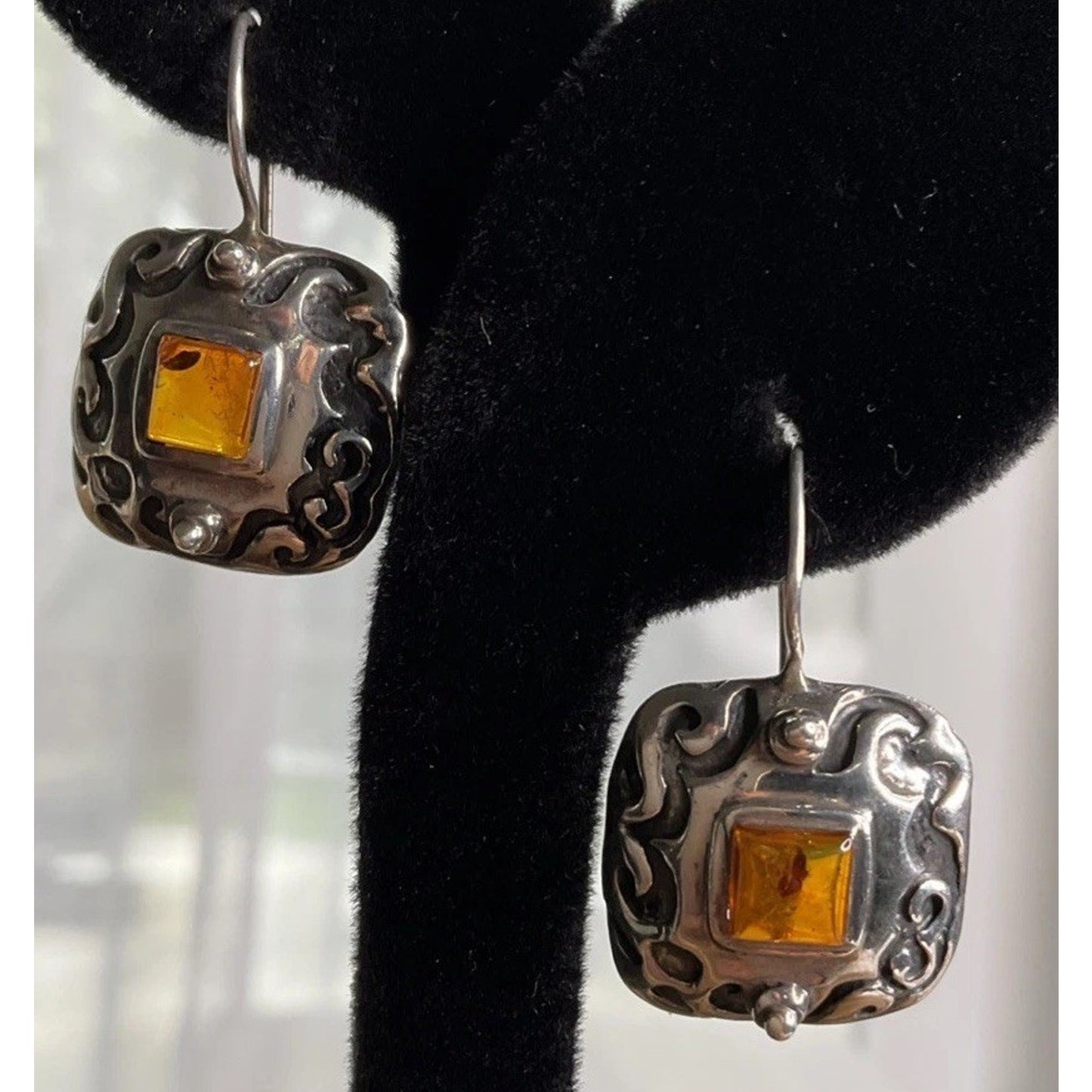 Silpada 925 Sterling Silver Amber Square Dangle Earrings