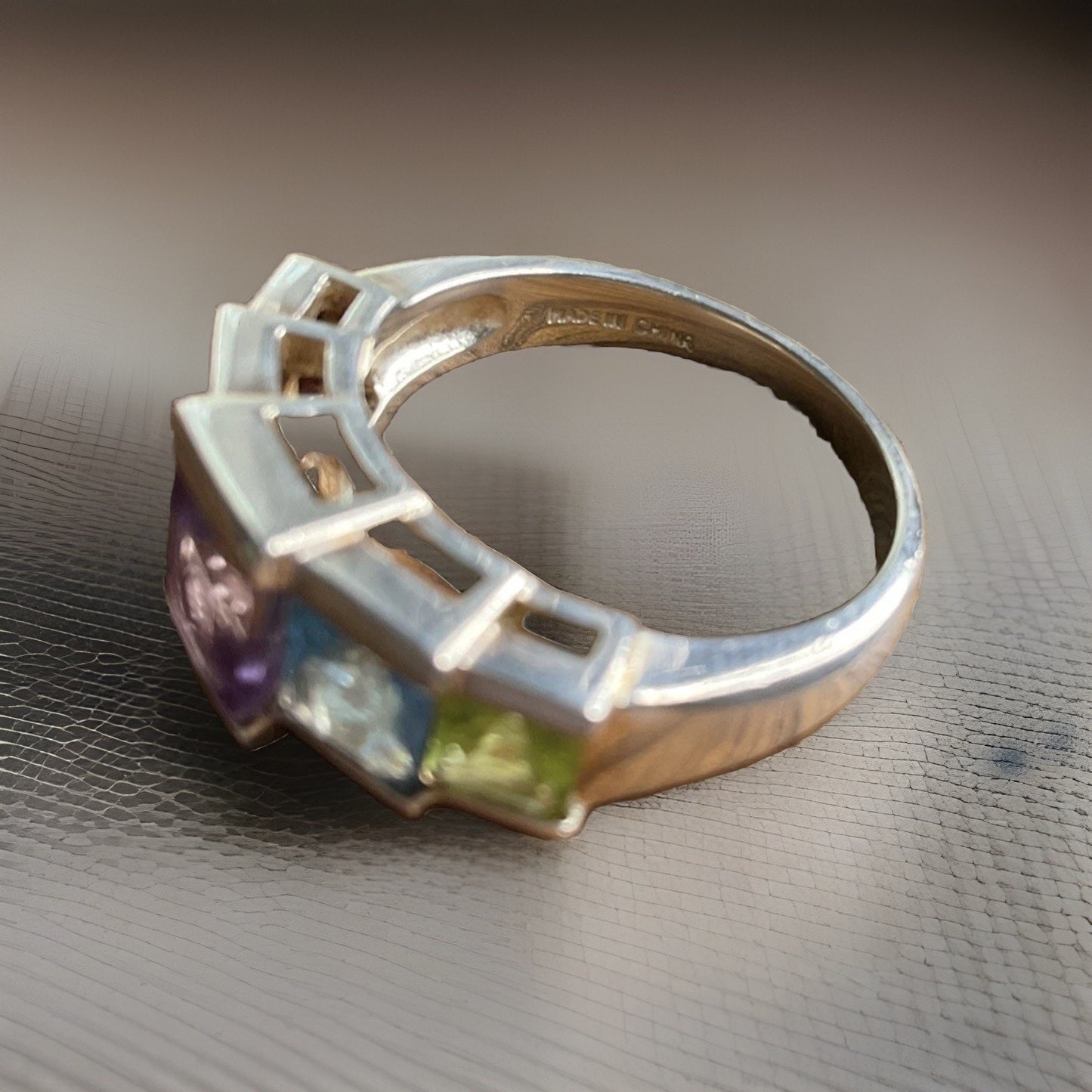 Vintage Sterling Silver Multi Gemstone Ring Rainbow Band Gemstones Ring Sz 7.5