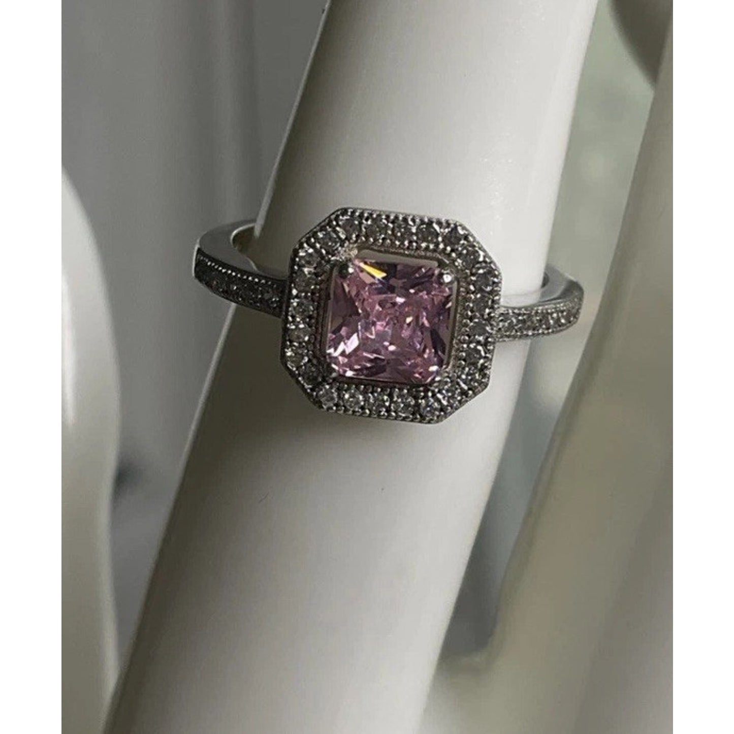 Sterling Silver Pink Stone Halo Ring Size 6 Princess Cut Engagement Style 925