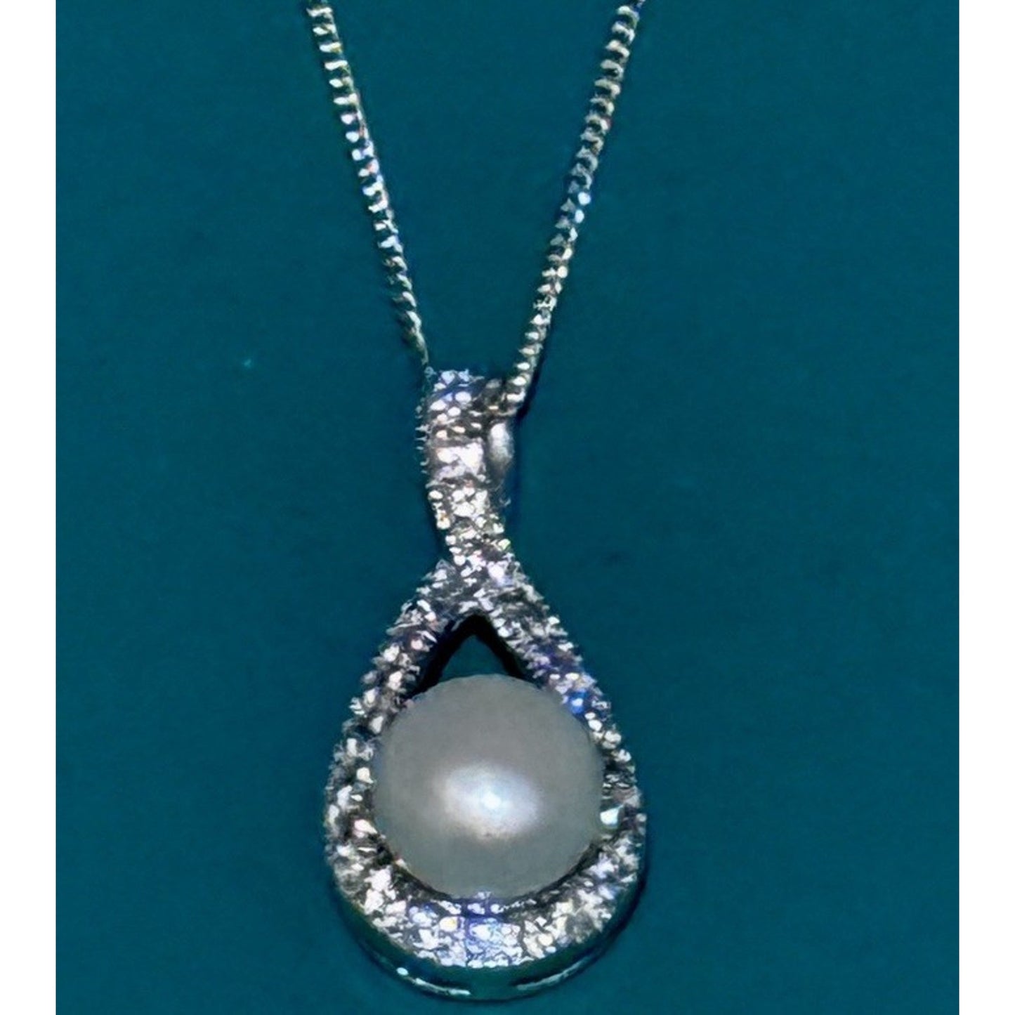 Genuine 10mm Pearl CZ Teardrop Necklace RJ 925 Sterling Silver 17”