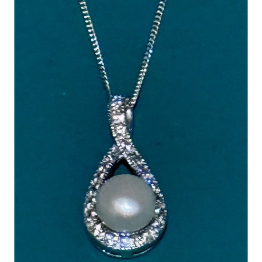 Genuine 10mm Pearl CZ Teardrop Necklace RJ 925 Sterling Silver 17”