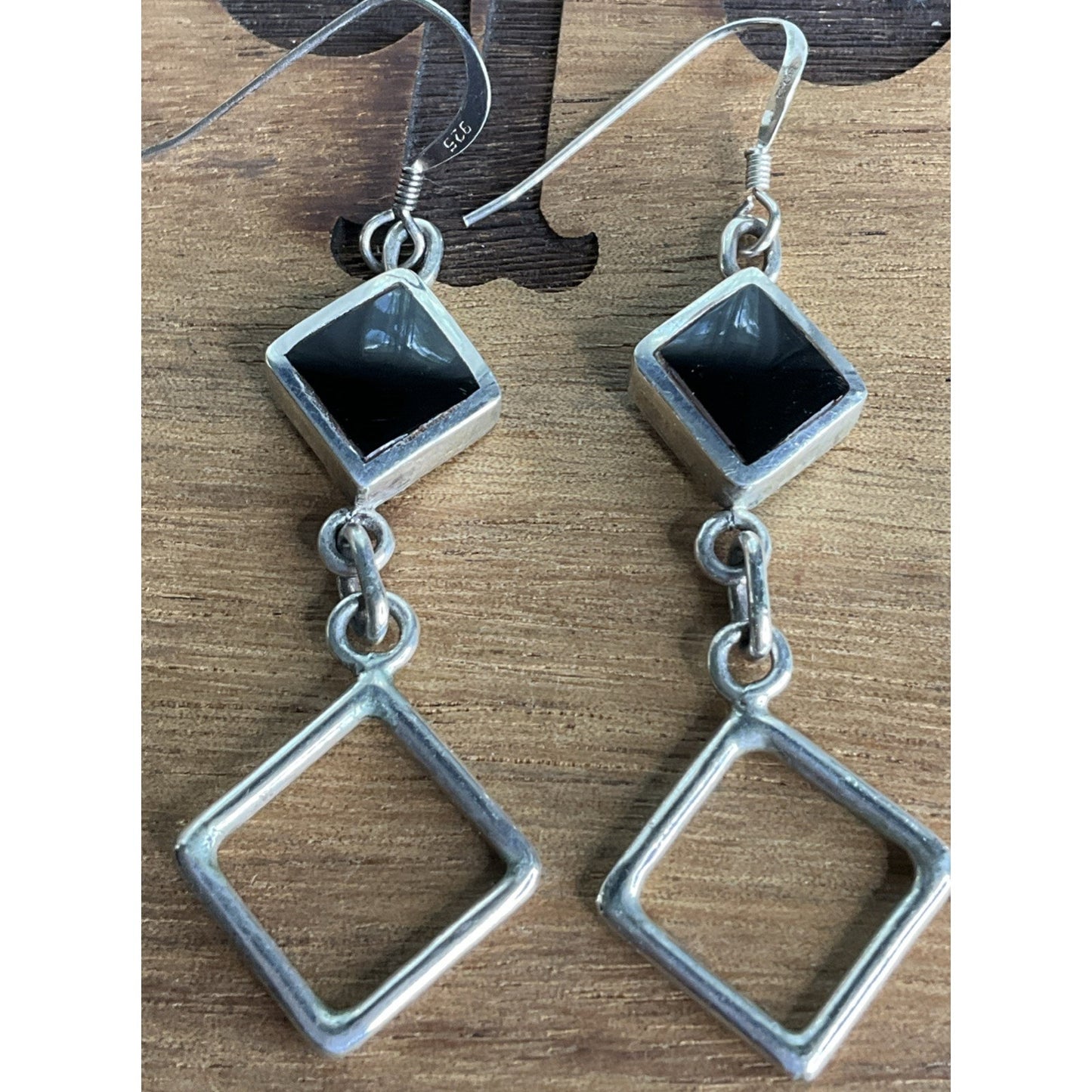 Vintage VC Sterling Silver Black Onyx Square Open Geometric Dangle Drop Earrings