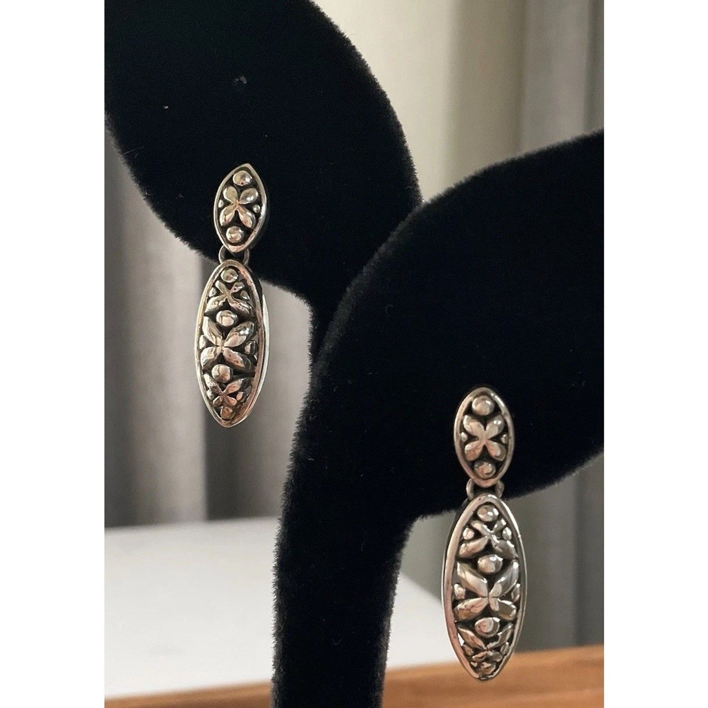 Sterling Silver Bali Style Floral Dangle Earrings 925 Boho Drop 7gr