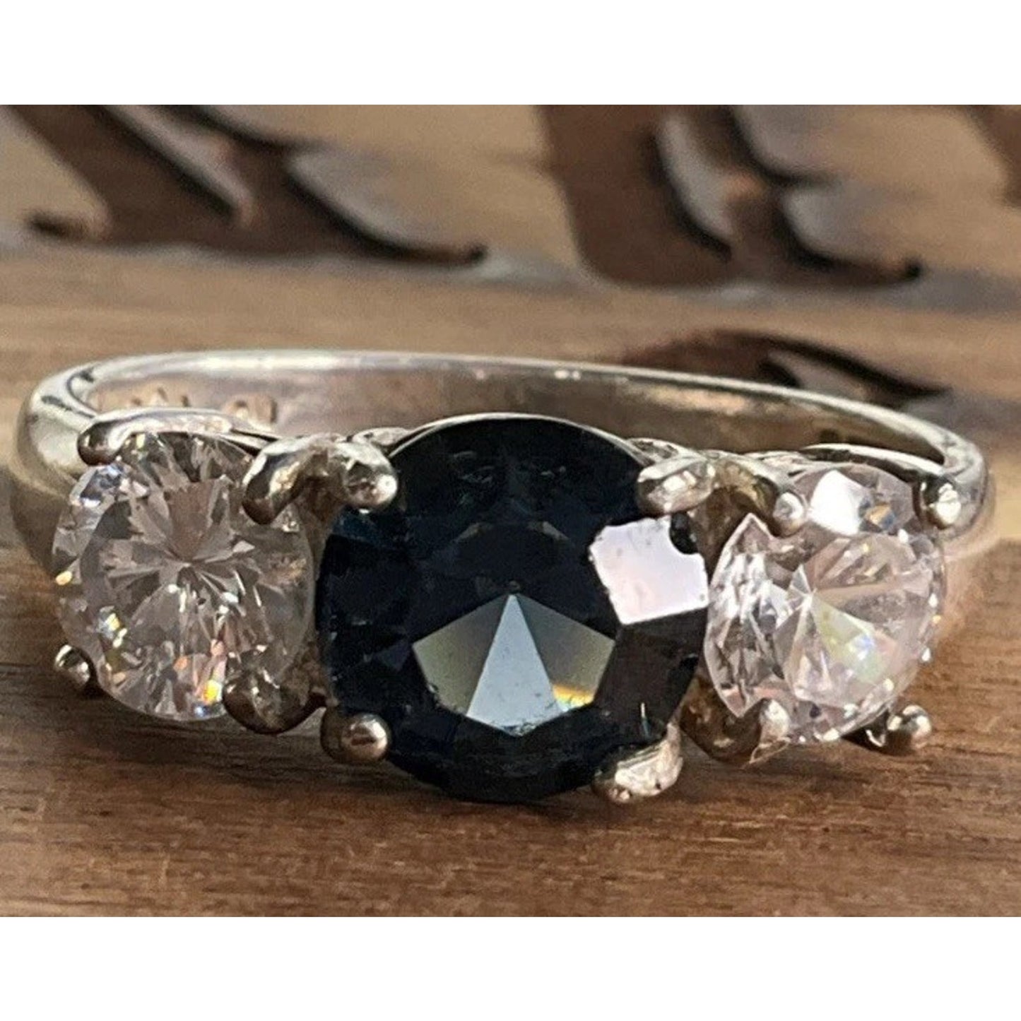 Vintage 925 Sterling Silver Blue Sapphire CZ 3 Stone Ring Sz 10.5
