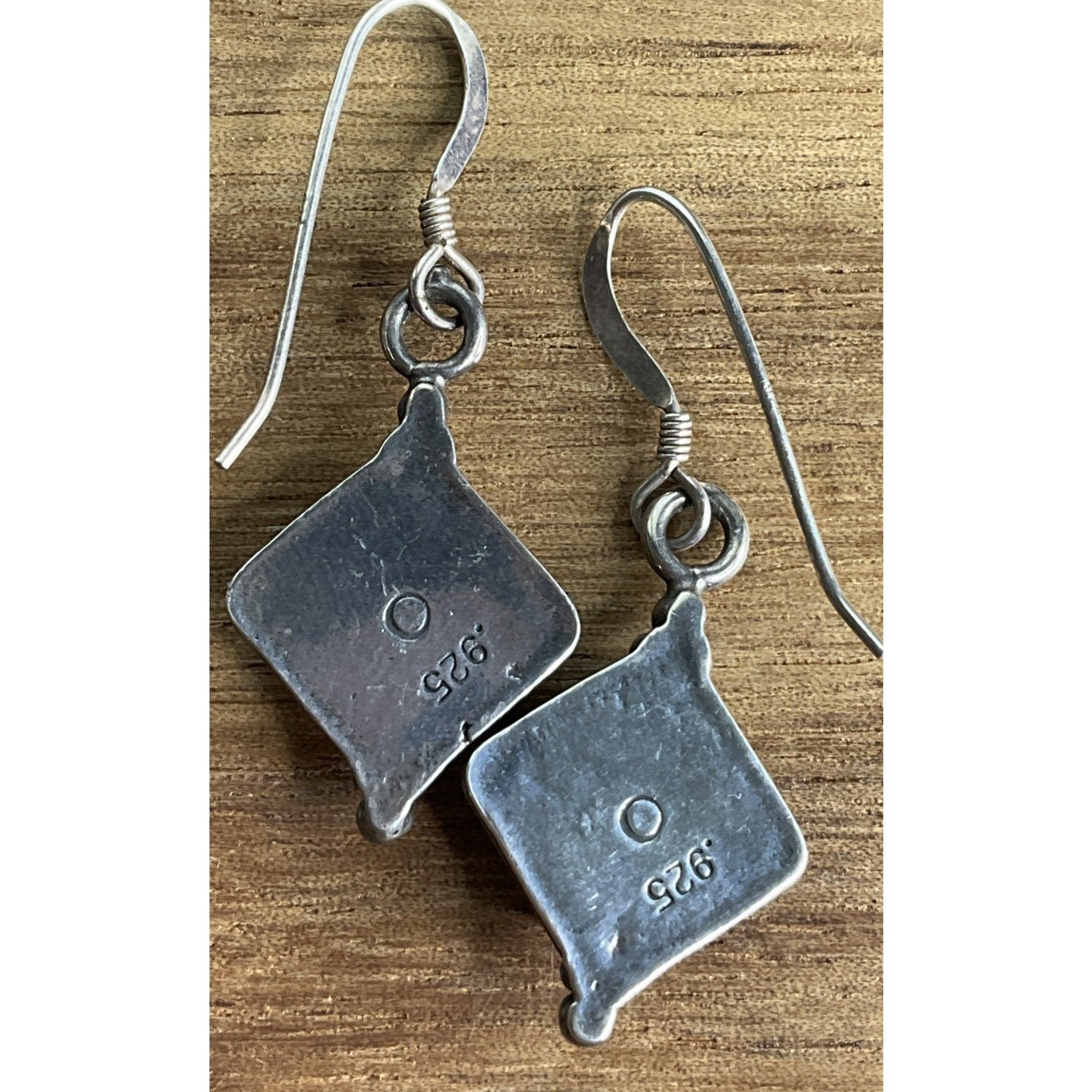 Vintage Sterling Silver Geometric Blue Iridescent Fire Opal Dangle Drop Earrings