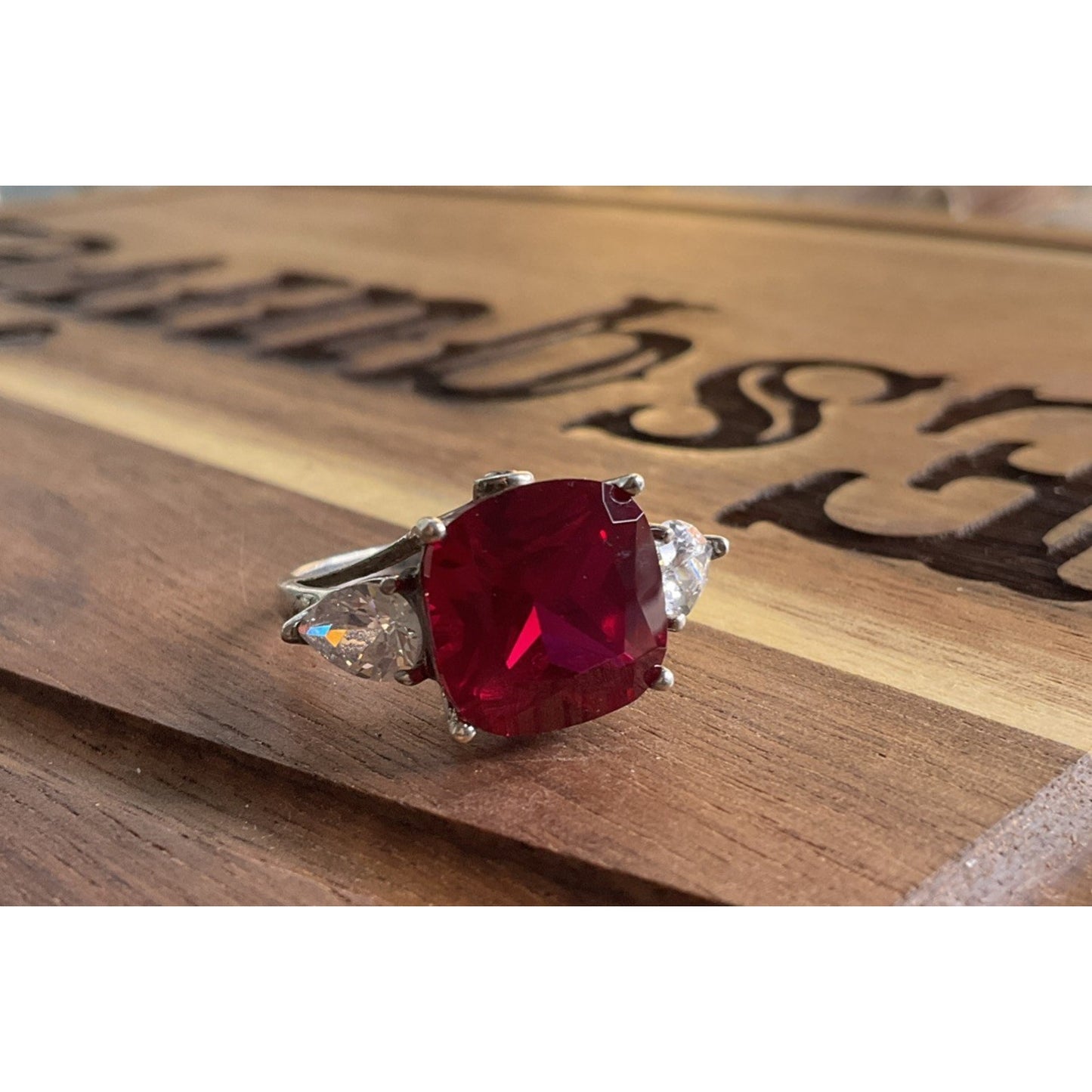BGE 925 Sterling Silver Ruby Red Cushion Cut Style Ring Size 9