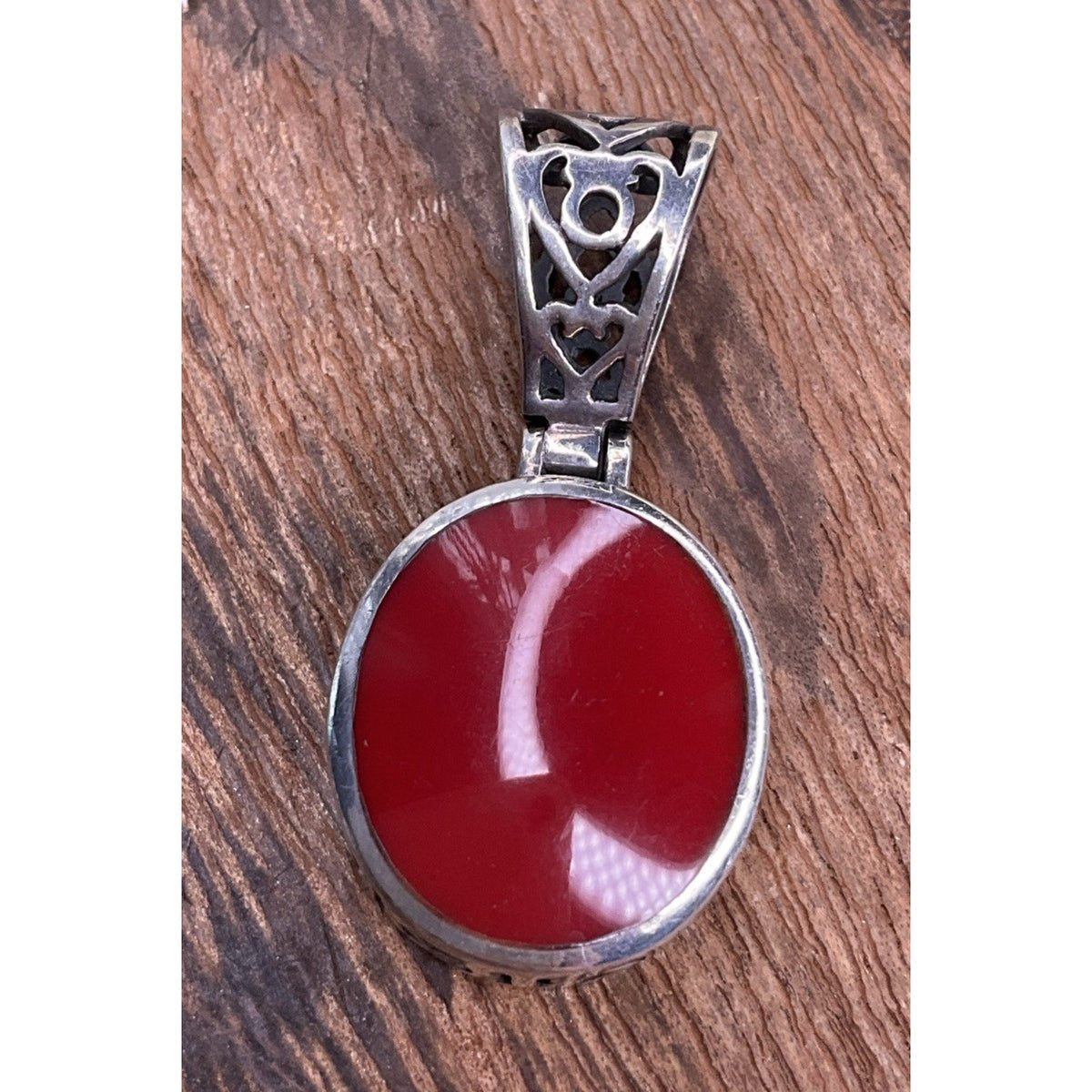 VintageSterling Silver Red Cabochon Pendant Ornate Filigree Bail