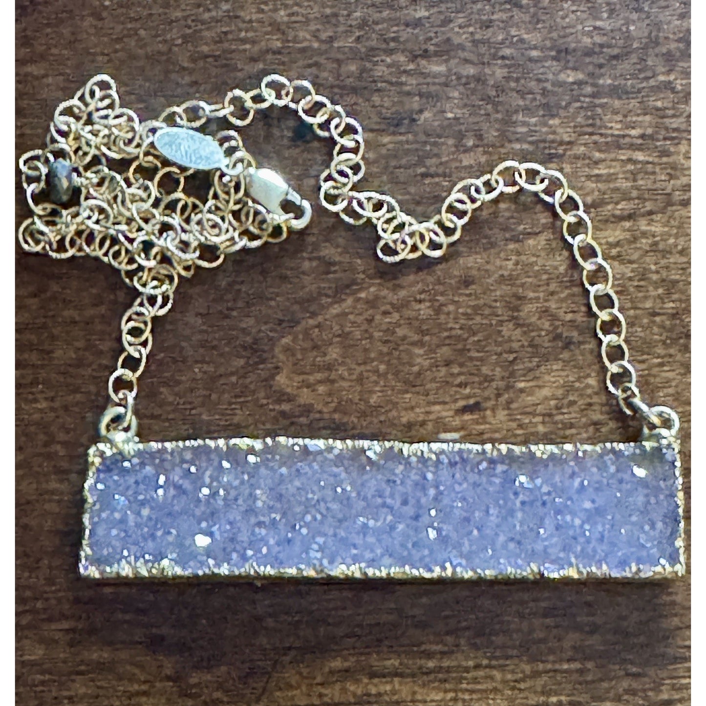 Y2K Kelly Cimber Natural Druzy Lavender Purple Bar Gold Plated Necklace 16-18”