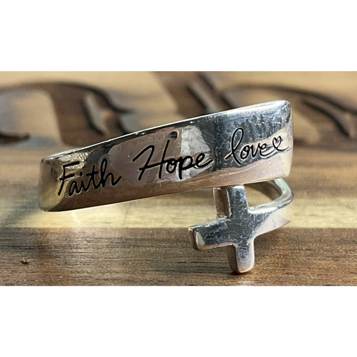 Footnotes Faith Hope Love Sterling Silver Cross Bypass Religious Band Size 9
