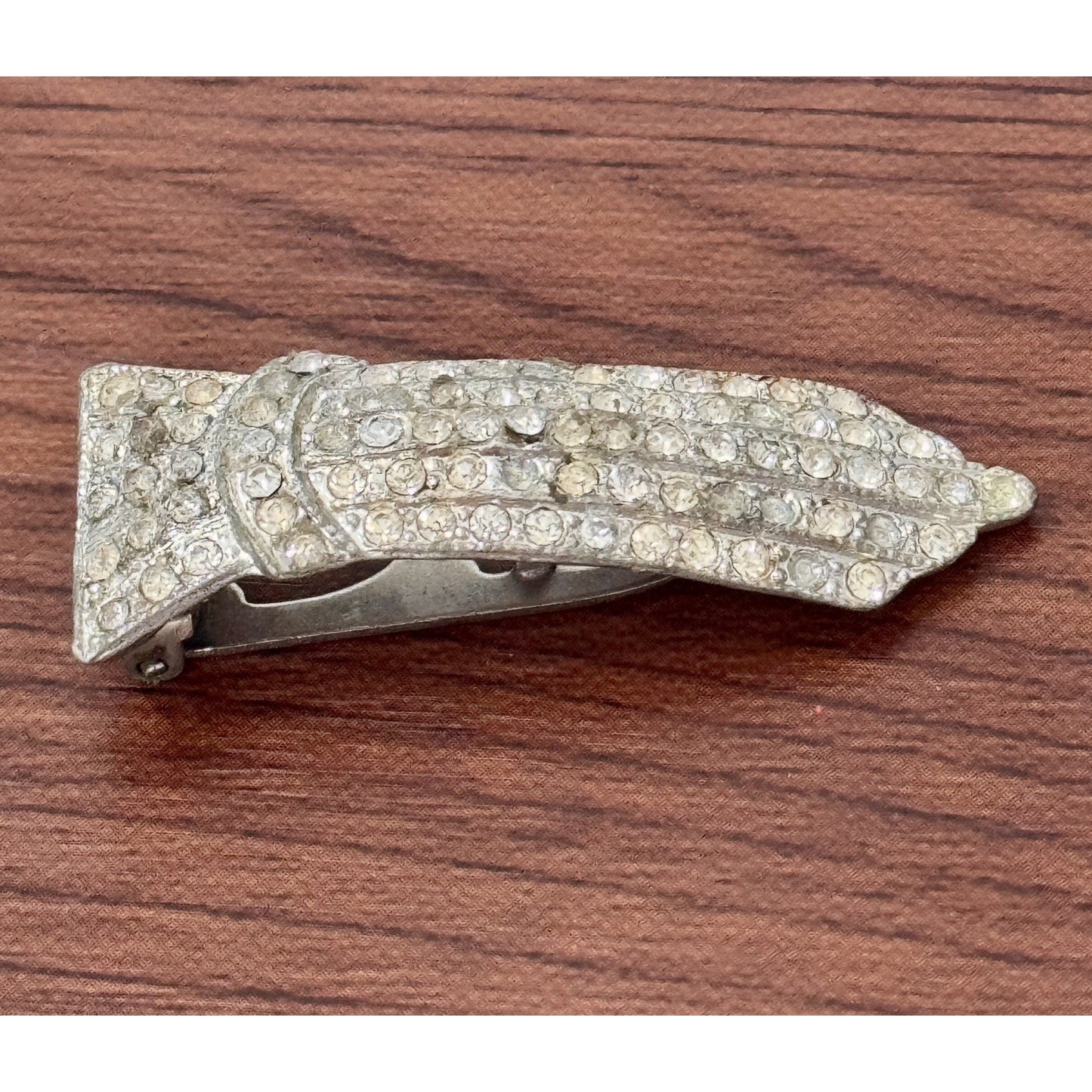 Vintage Signed NEIL Rhinestone Bow Hair Barrette Silver Tone Mid Century 1940s
