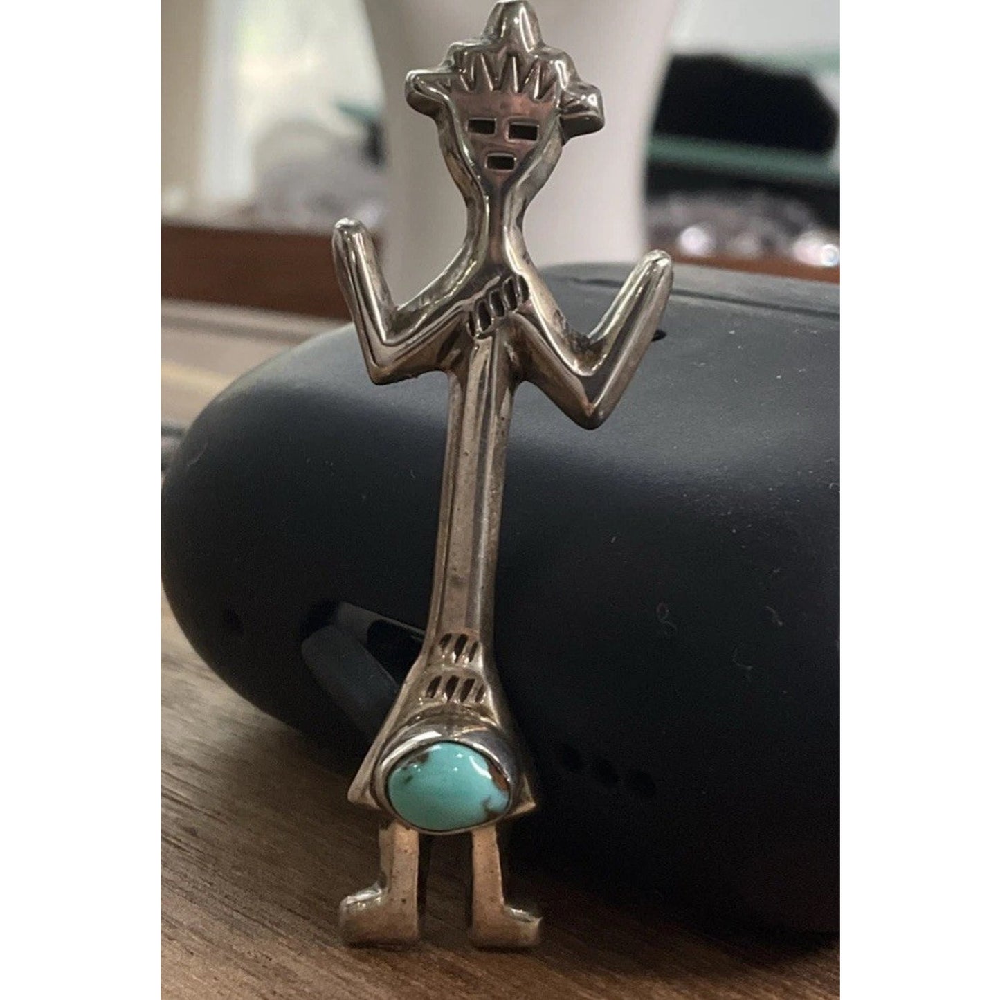 Vintage Turquoise Yei Figure Sterling Silver Brooch Southwestern Native American