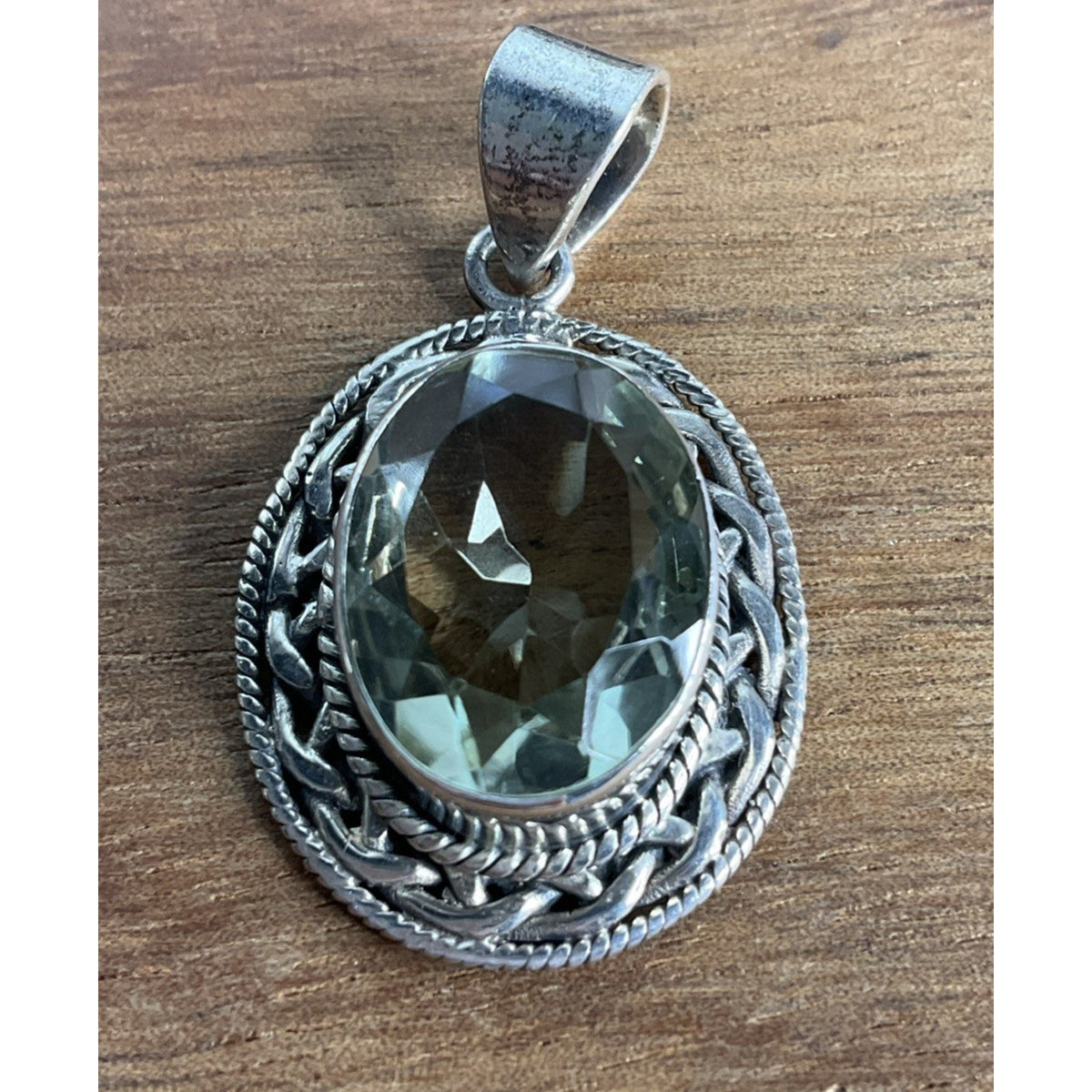 Vintage Prasiolite Sterling Silver Green Amethyst Oval Pendant And 925 Necklace