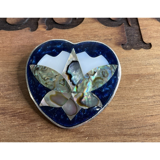 Vintage Alpaca Mexico Abalone Shell Heart Brooch Pin Floral Inlay Mother Pearl