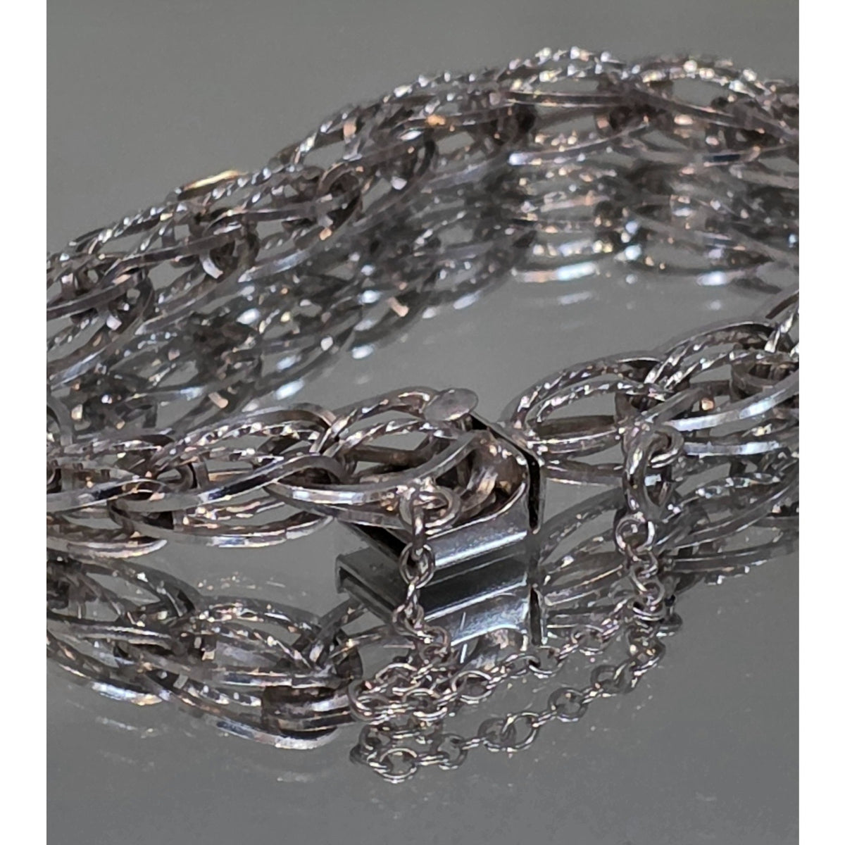 Vintage Silver Silver Braided Woven Oval Twisted Diamond Cut Link Bracelet 7.5”