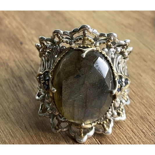 Vintage Sterling Silver Labradorite Ring Size 8 Ornate Filigree Statement