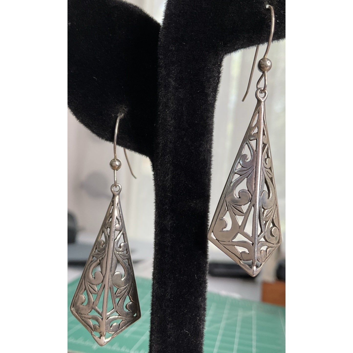 Vintage Sterling Silver Open Work Ornate Scroll Vine Hook Dangle Earrings Signed