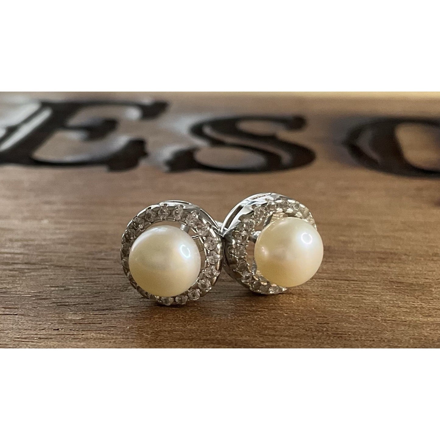 VINTAGE Sterling Silver Pearl Halo Stud Earrings Signed CP 925