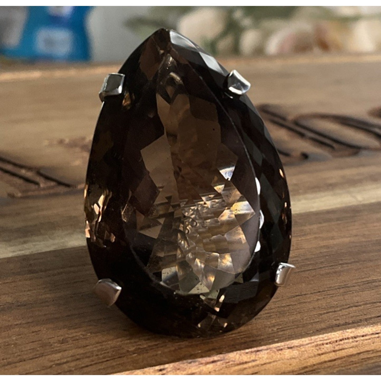Vintage Sterling Silver Large Smoky Quartz Pear Cocktail Statement Ring 22g Sz 7
