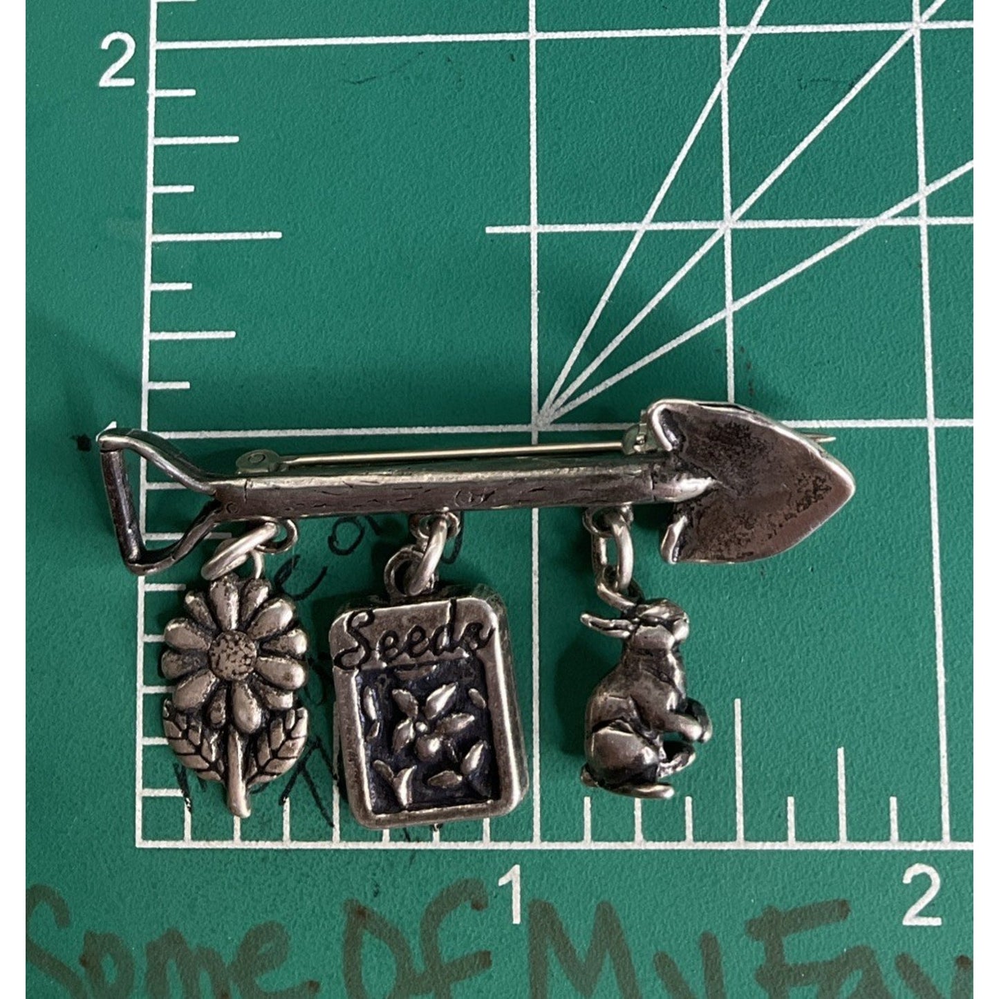 Vintage Sterling Silver Garden Charm Brooch DV 925 Shovel Rabbit Seeds Pin