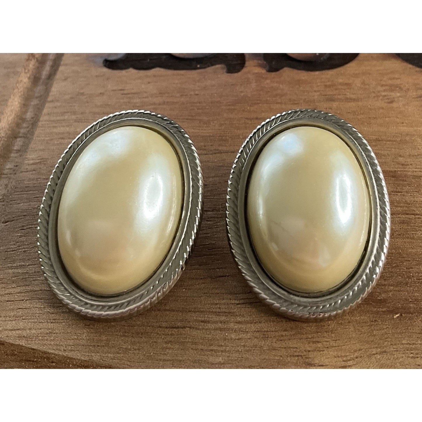 Vintage Faux Pearl Clip-On Earrings Silver Tone Large Oval Statement Earrings