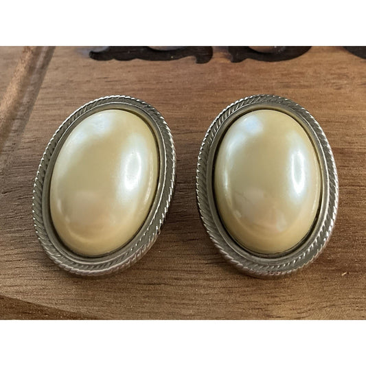 Vintage Faux Pearl Clip-On Earrings Silver Tone Large Oval Statement Earrings