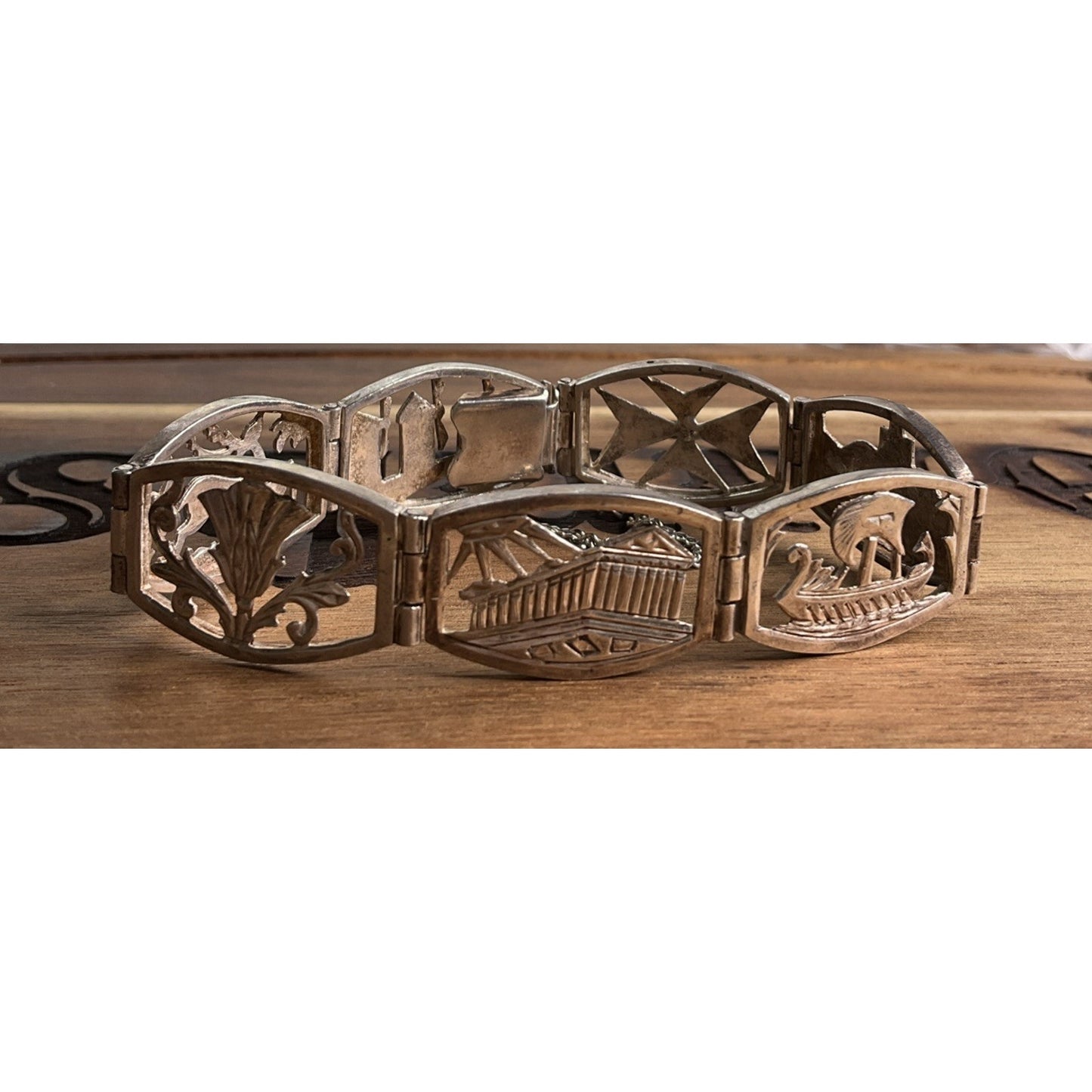 Vintage Sterling Silver Panel Bracelet Scenic Deer Floral Links