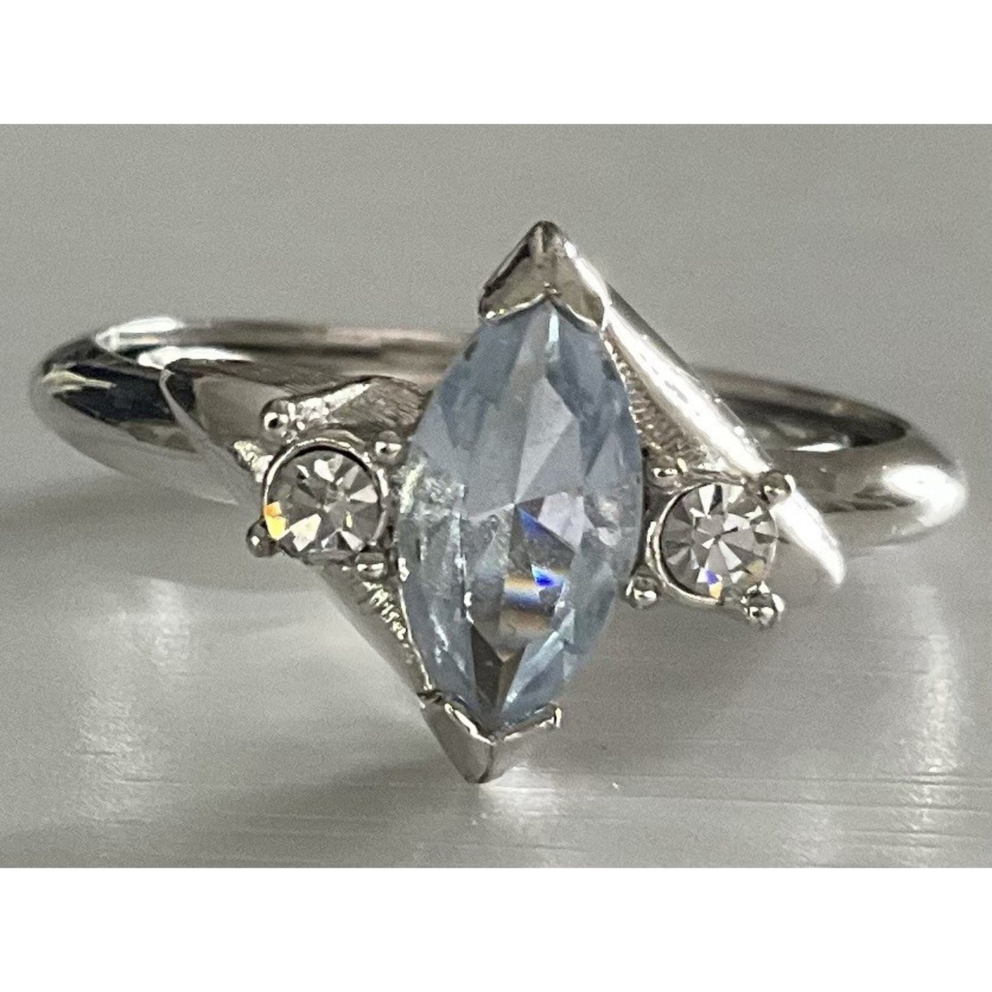 Vintage Sterling Silver 925 Blue Topaz Marquise Ring w CZ Accents Size 8.5
