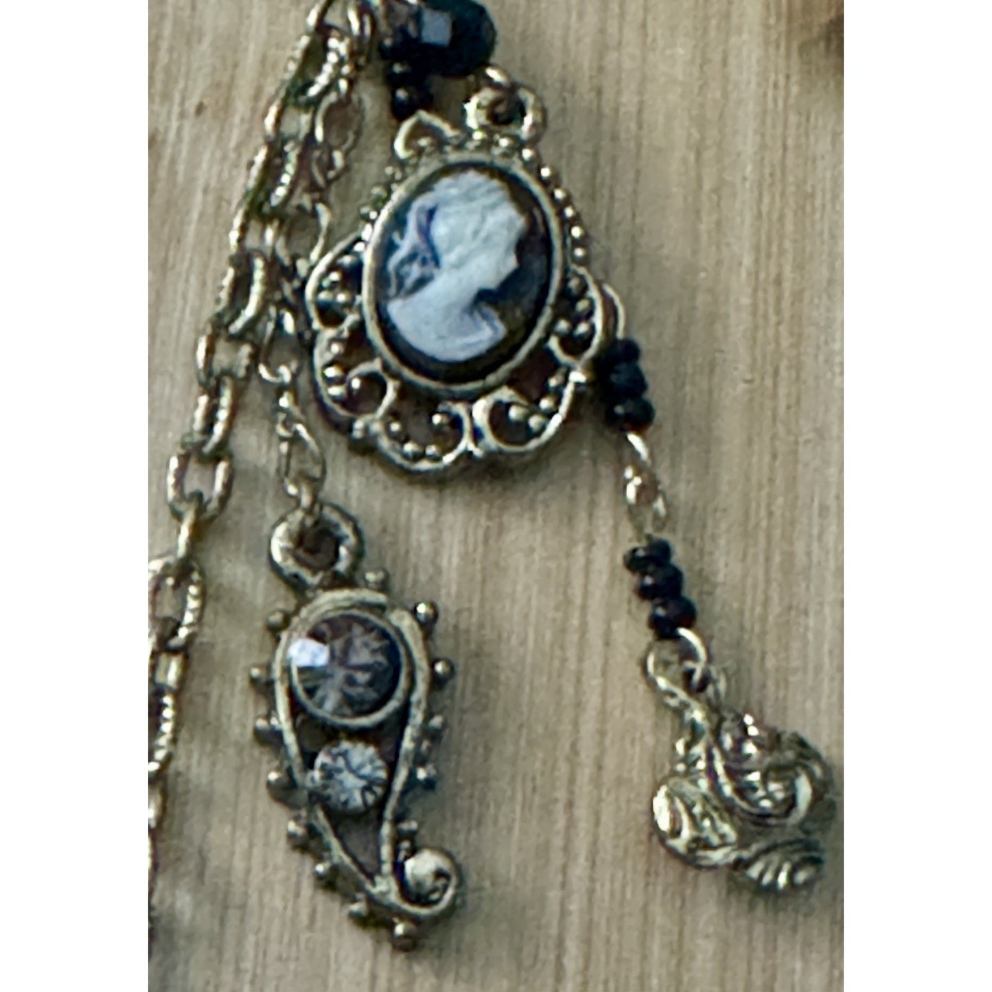 1928 Cameo Tassel Necklace Earrings Set Gold Tone Black Bead Victorian Revival