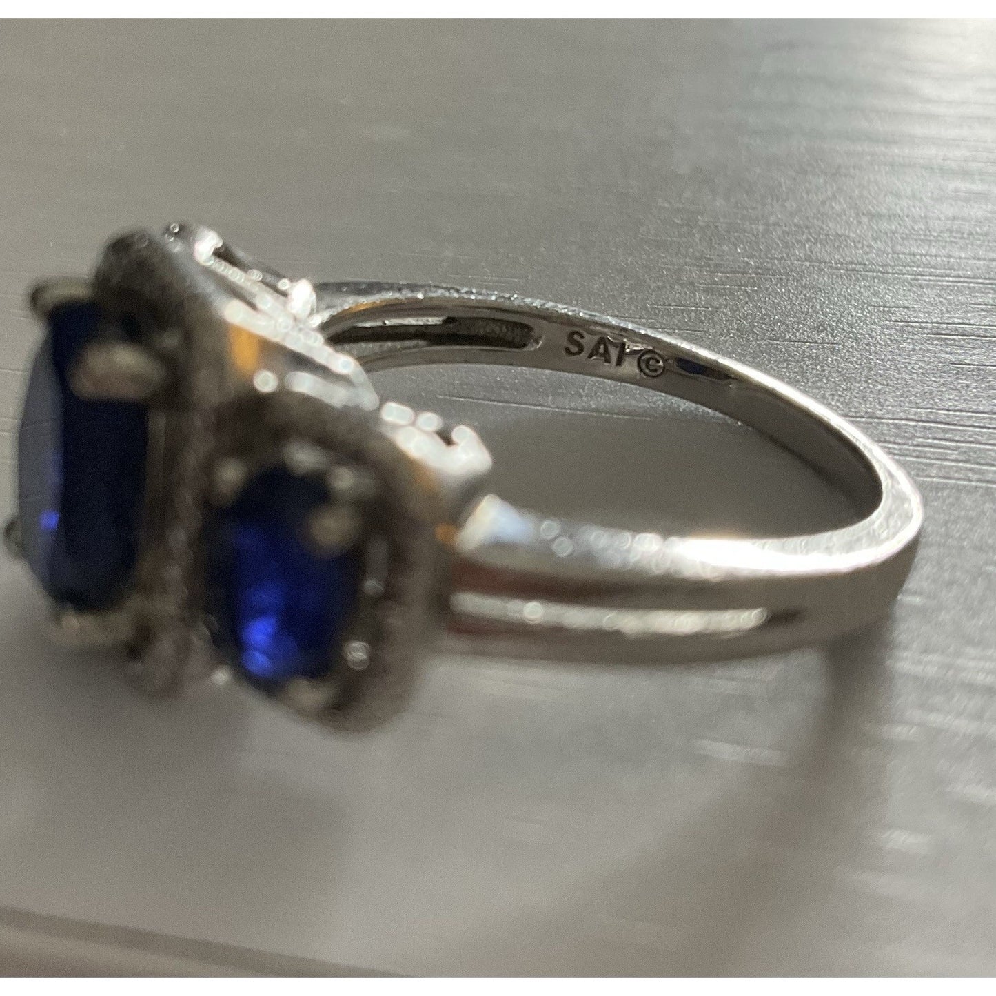SAI Sterling Silver Blue Sapphire Blue 3 Stone Ring 925 Milgrain Setting Size 8