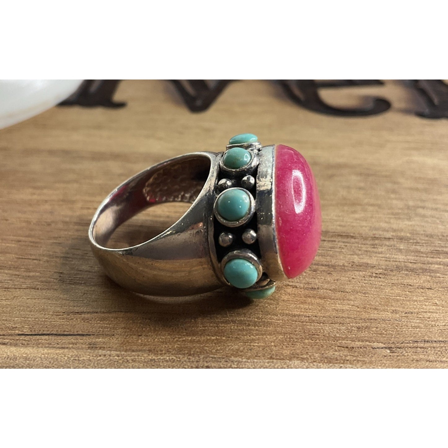 Sterling Silver 925 Pink Stone Turquoise Ring Statement Wide Band Size 5.5