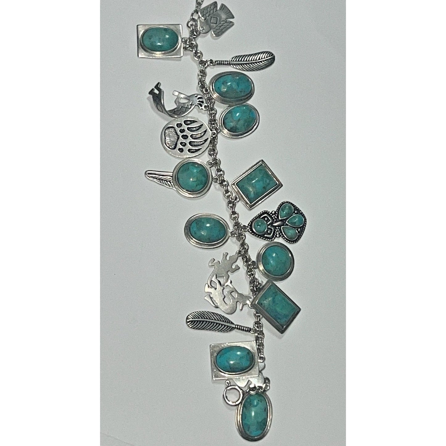 Vintage Sterling Silver Turquoise Charm Bracelet Southwestern Native Style 44g