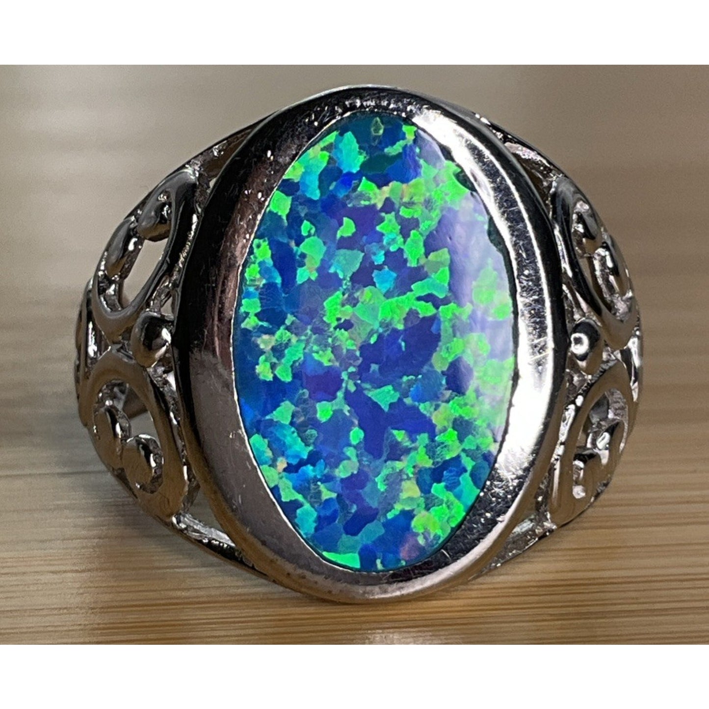 Vintage Sterling Silver Blue Green Oval Opal Filigree Ring Size 9
