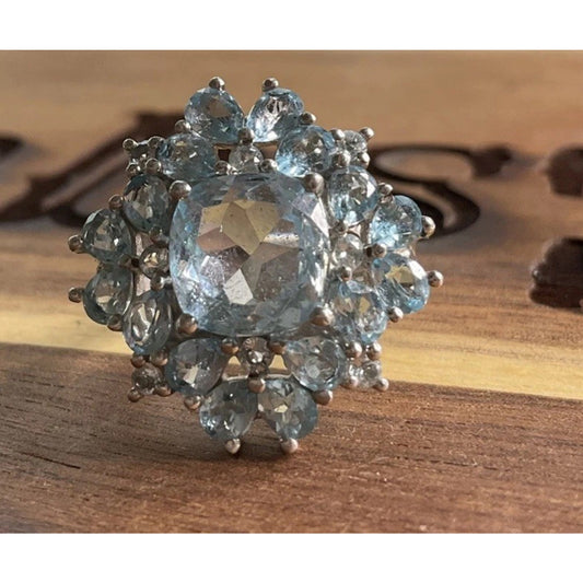 Vintage Sterling Silver Blue Topaz Cluster Ring Size 7.5 Cocktail Halo