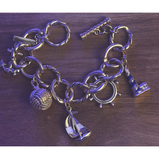 Vintage Chunky Lands End Gold Tone Nautical Beach Charm Toggle Bracelet 7.5”