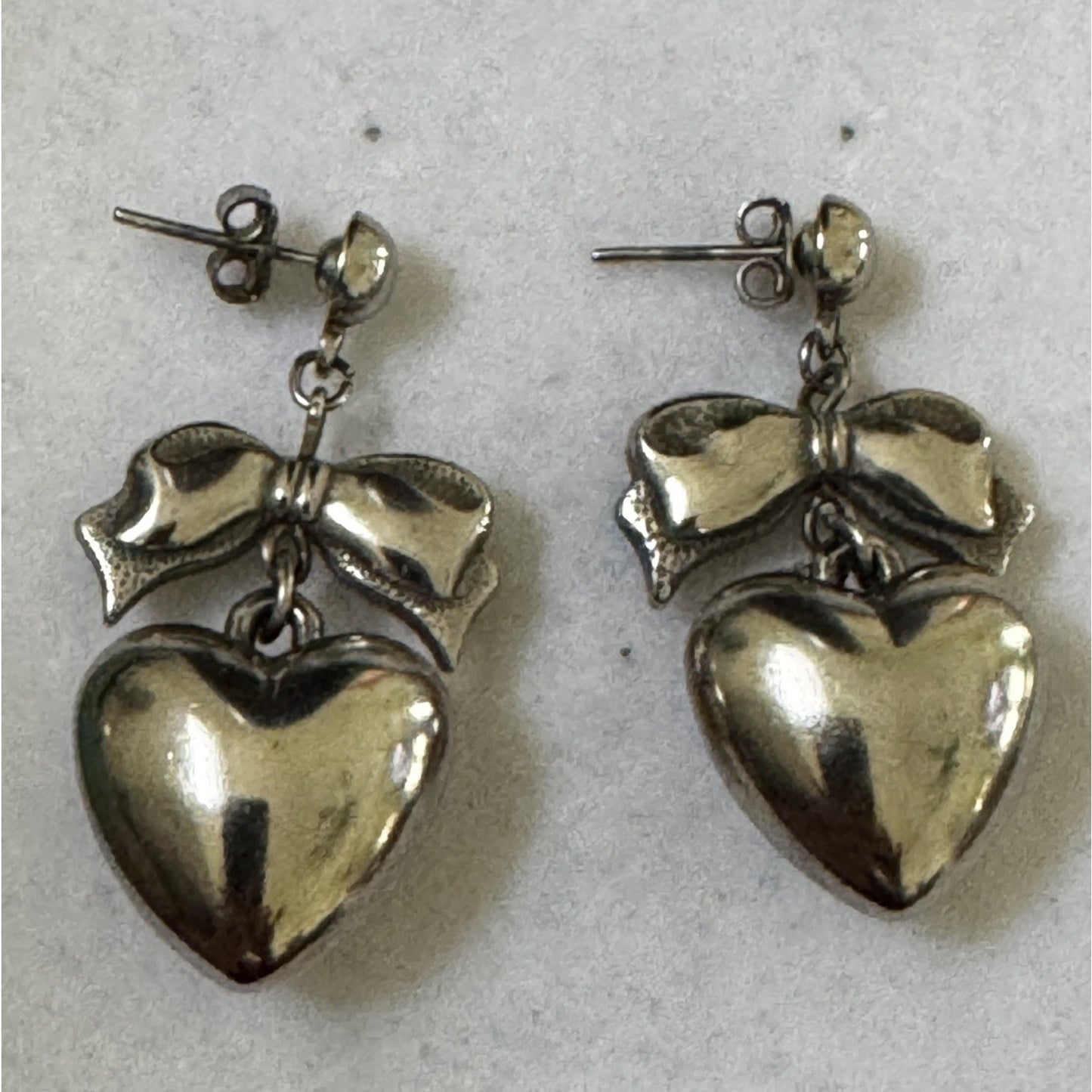Vintage Sterling Silver 925 Bow Puffy Heart Dangle Earrings 1980s - 1990s