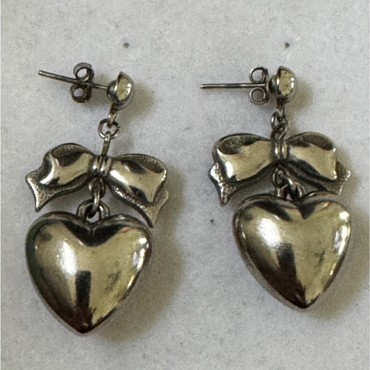 Vintage Sterling Silver 925 Bow Puffy Heart Dangle Earrings 1980s - 1990s