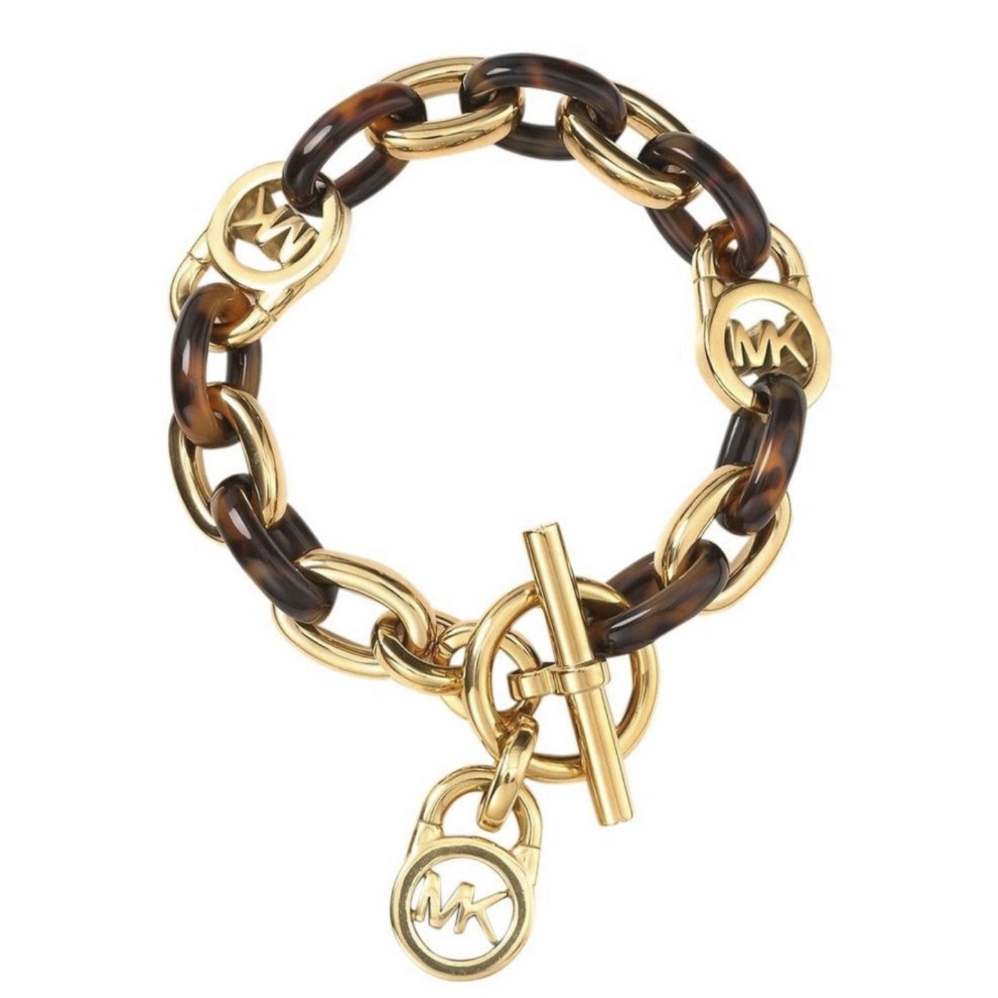 Michael Kors Tortoise Shell And Yellow Gold Tone MK Oval Link Charm Bracelet 8”