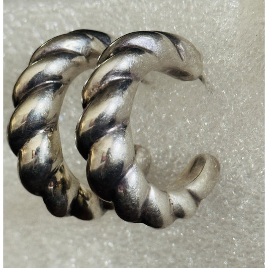 Vintage Sterling Silver 925 Ribbed Fluted Half Hoop Twisted Chunky Earrings