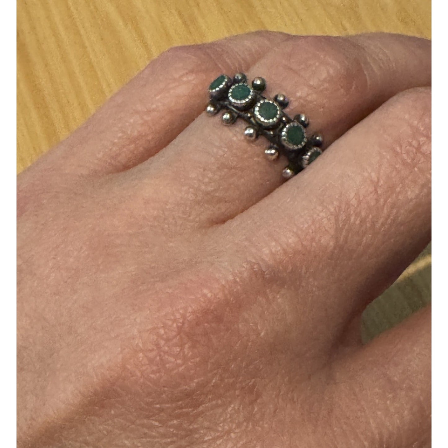 Vintage Sterling Navajo Sterling Green Turquoise Snake Eye Beaded 925 Ring Sz 6