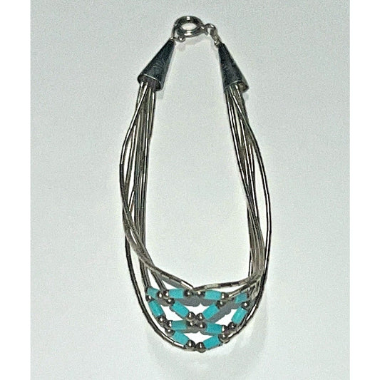 Vintage Sterling Silver Turquoise Beaded Heshi Multi Strand Bracelet 7.5” Native