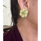 Vintage Green Enamel Flower Clip On Earrings Gold Tone Large Floral Statement