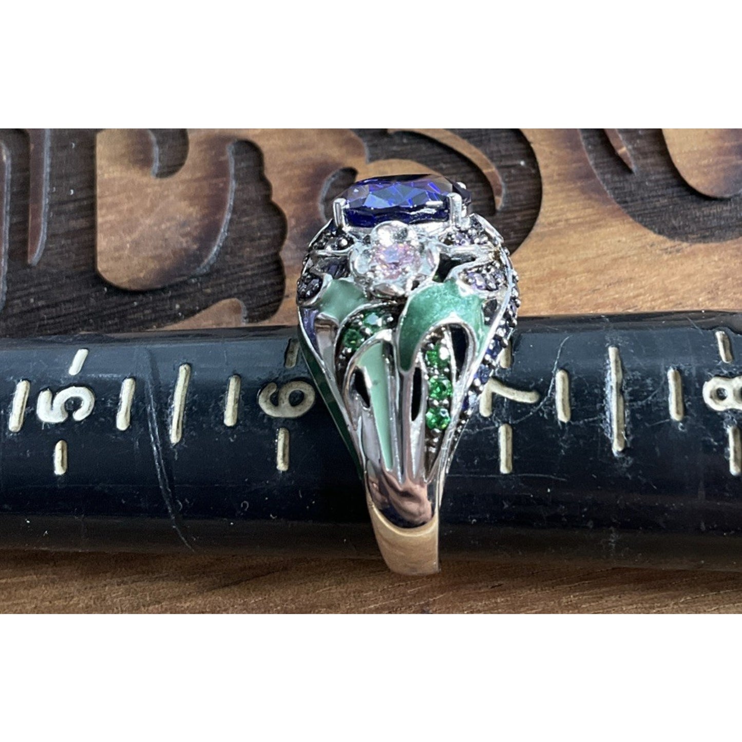 Sterling Silver 925 Blue CZ Cocktail Ring Ornate Enamel Statement Ring Size 6.5