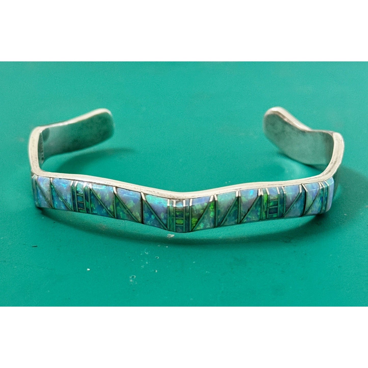 Vintage Southwestern Sterling Silver Blue Green Opal Inlay Cuff Bracelet 22g
