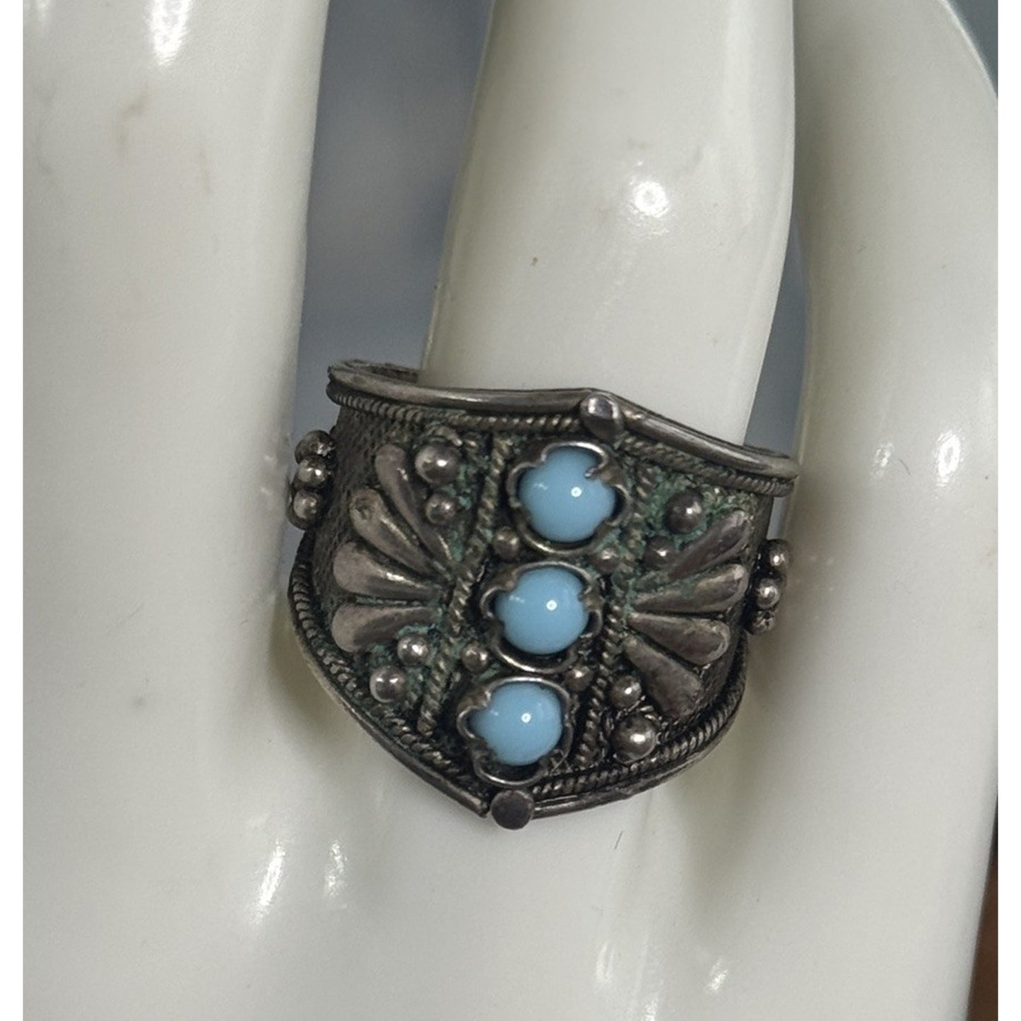 Vintage Tribal Sterling Silver 3 Stone Turquoise Saddle Ring Afghan Kuchi Sz 8