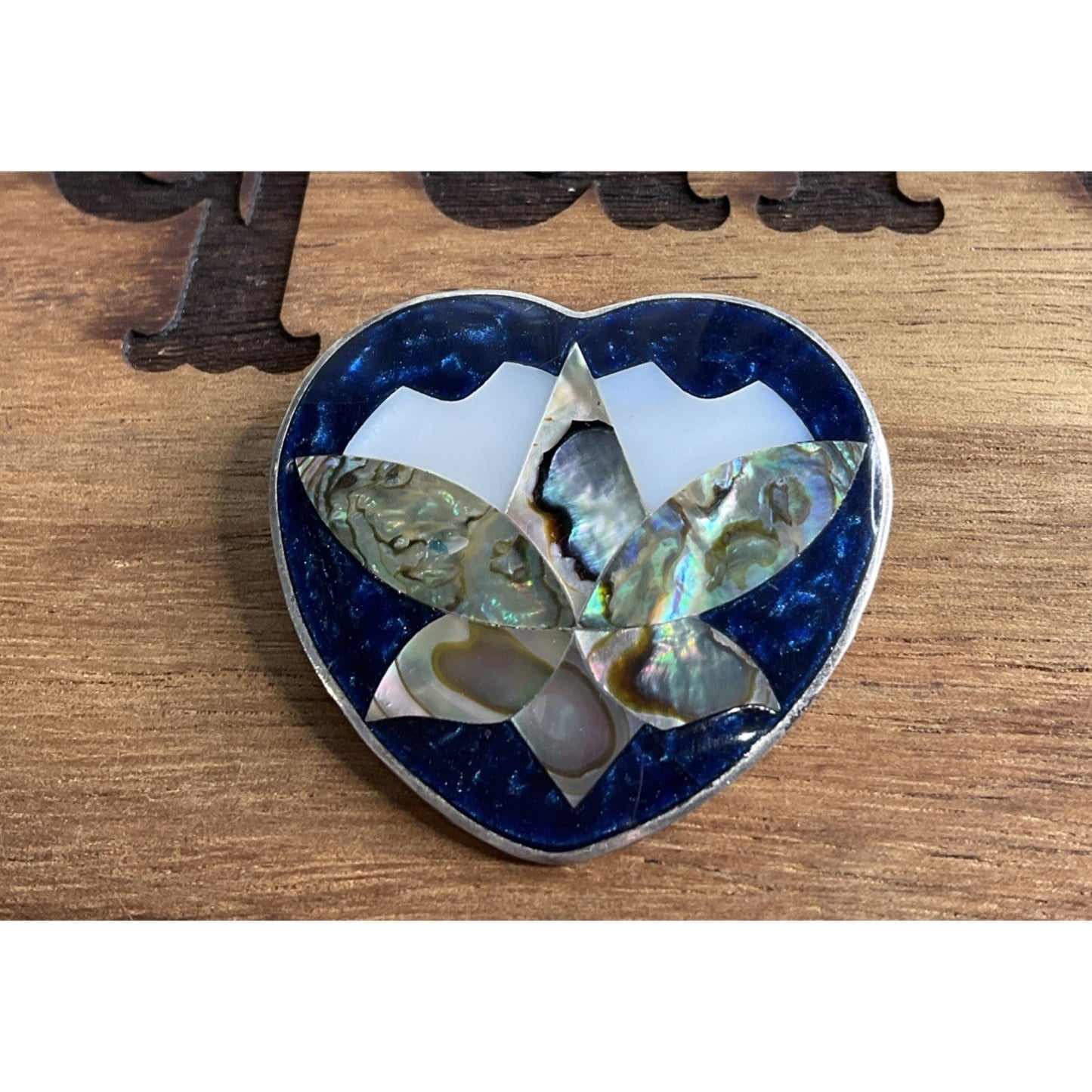 Vintage Alpaca Mexico Abalone Shell Heart Brooch Pin Floral Inlay Mother Pearl