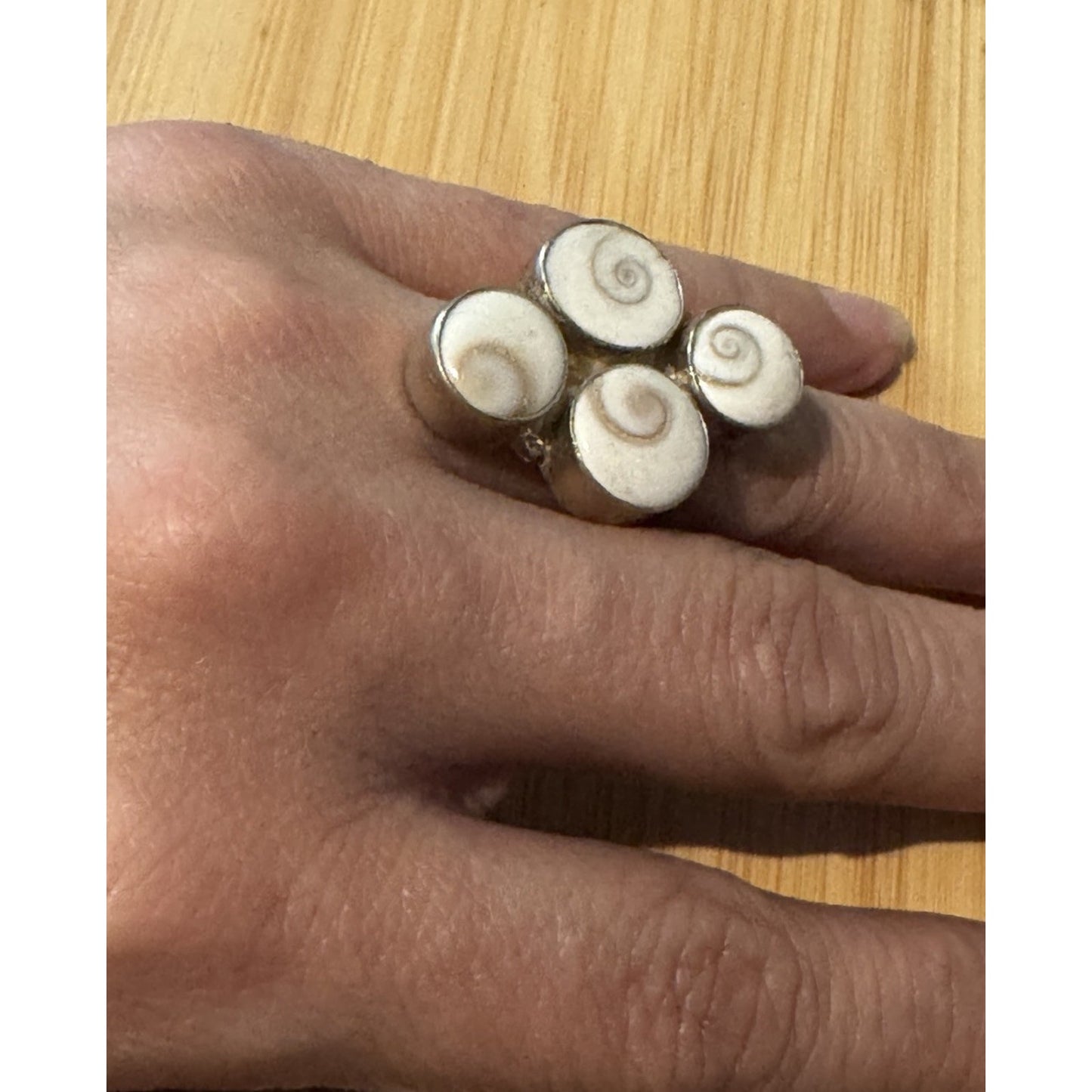 Shiva Eye 4 Shell Cross Pacific Cat's Eye Ring Boho Beach Ring Healing Sz 8