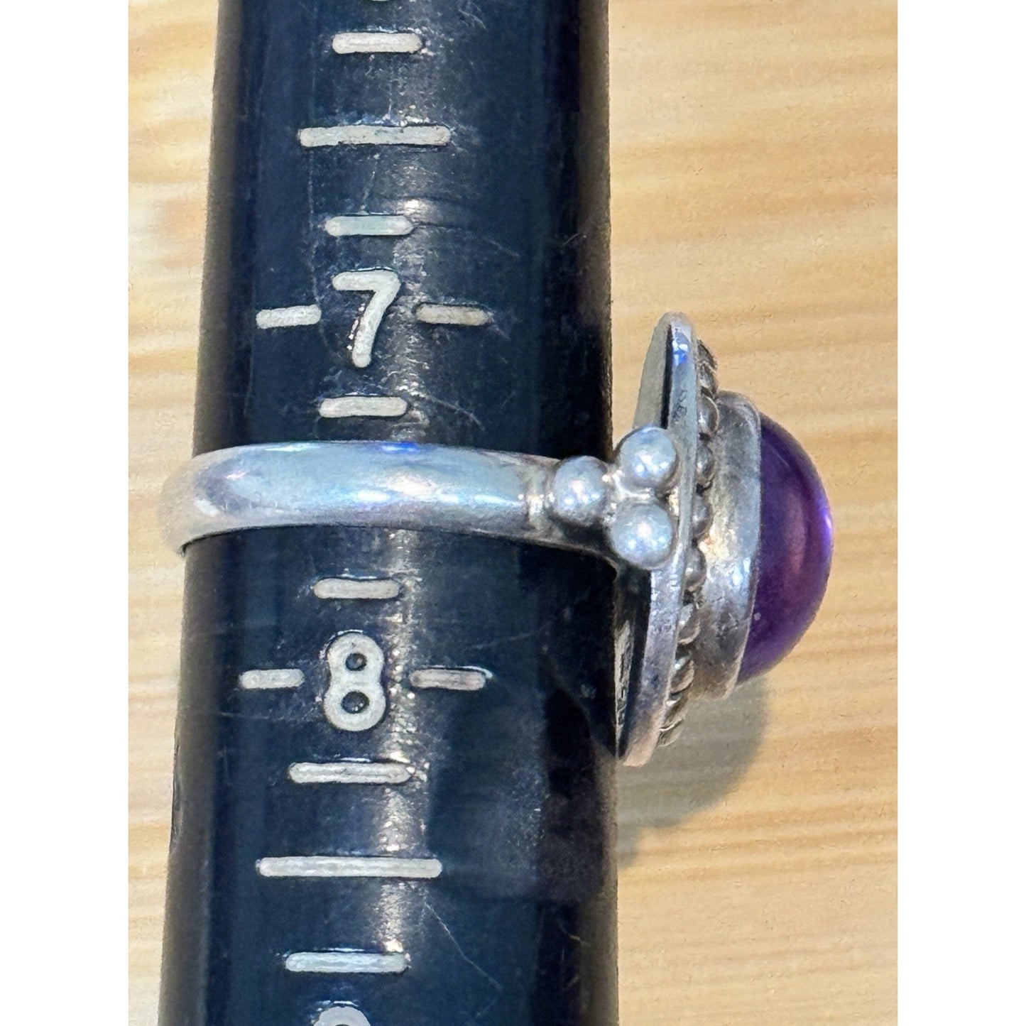 Amethyst Cabochon Sterling Silver Beaded Purple Gemstone Ring Size 7.5 India