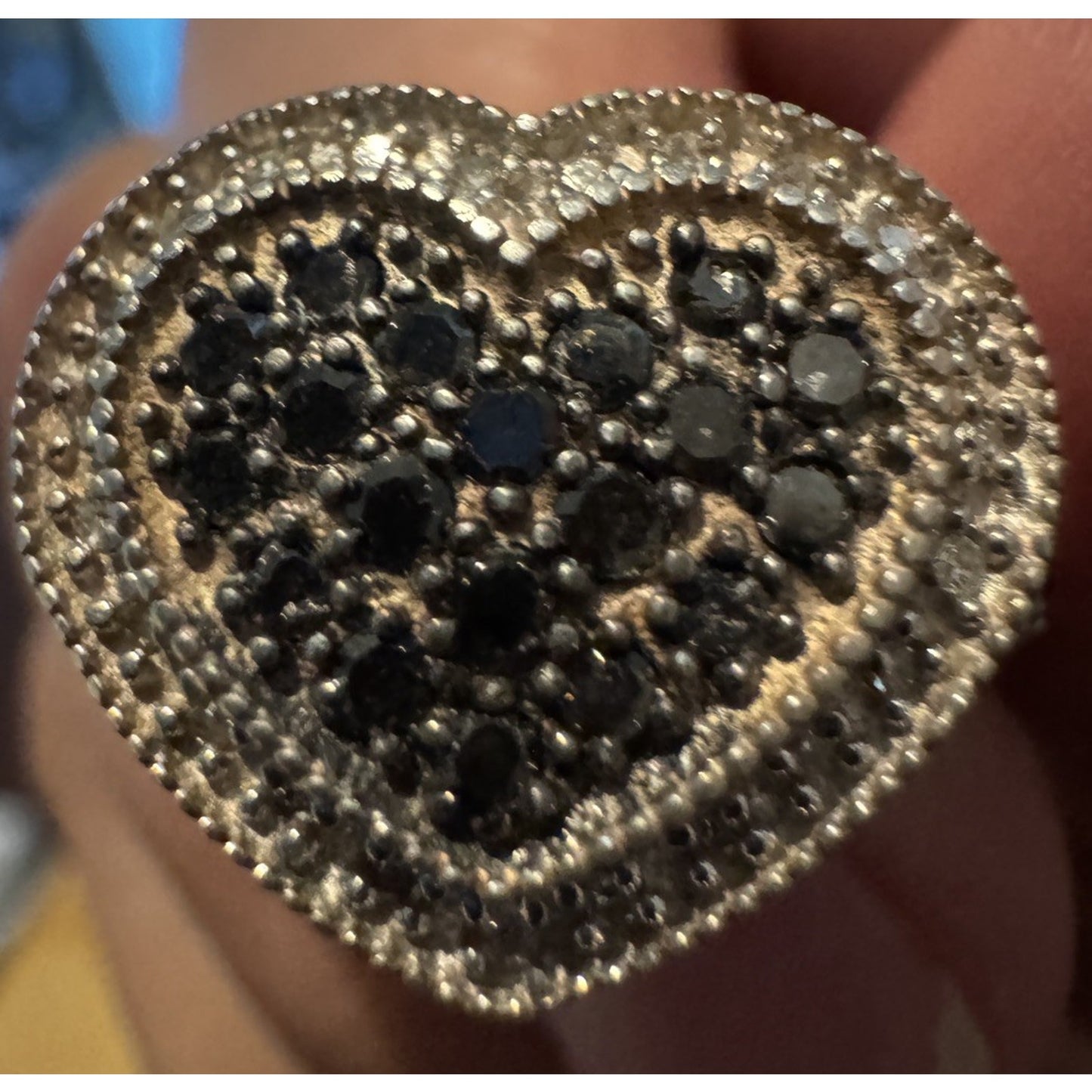 Vintage Sterling Silver Black and White Moissanite Heart Cluster Ring Size 7.5