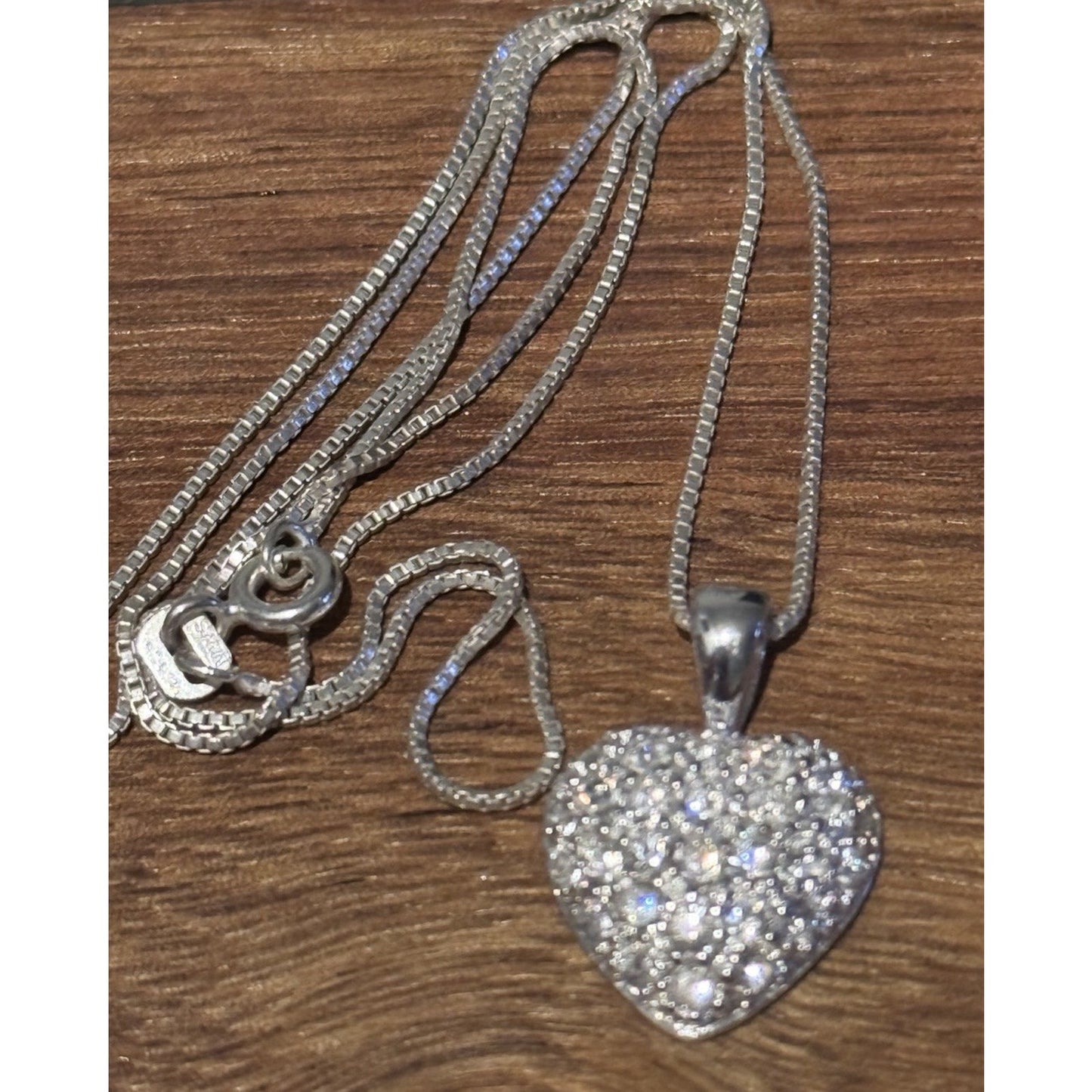 Sterling Silver Pavé Masonite Diamond Heart Pendant & 925 Box Necklace 18”
