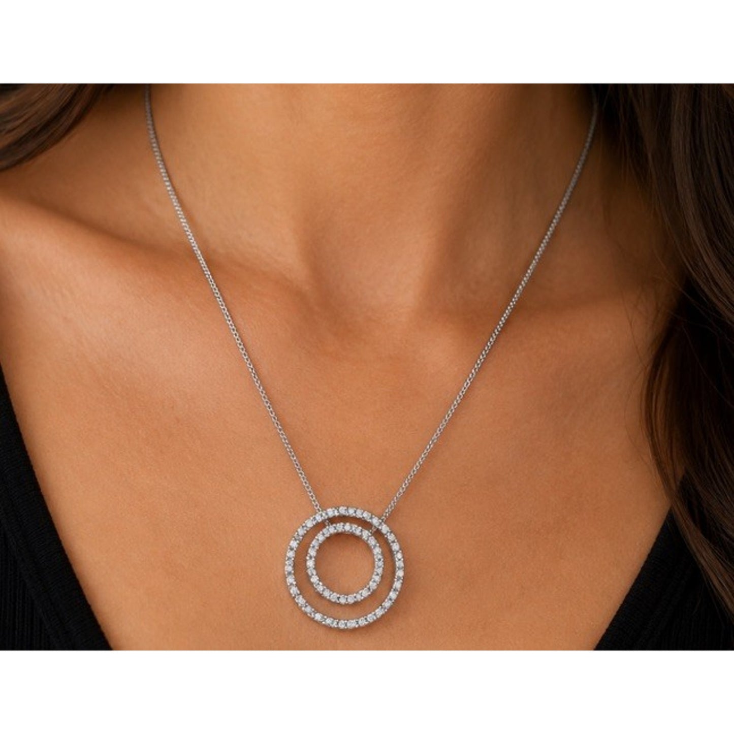 Vintage Diamond Sterling Silver 925 Double Circle Diamond Station Necklace 18”